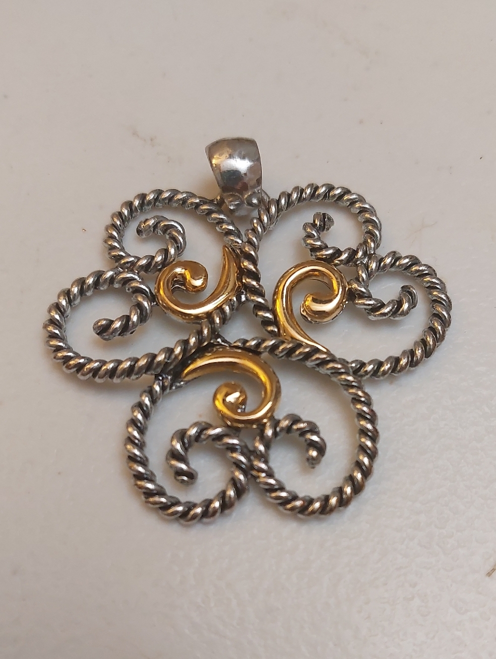 Celtic Inspired Two Tone Gold Silver Twist Wire Scrolls Triskele Flower Pendant